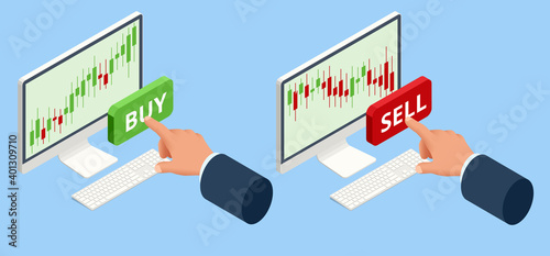 Isometric Investing and Stock Market Gain and Profits with Red and Green Candlestick Charts. Stock Exchange Market Graph, Analysis UI, UX on Laptop. Binary Option. App Screen for Trading