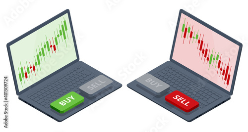 Isometric Investing and Stock Market Gain and Profits with Red and Green Candlestick Charts. Stock Exchange Market Graph, Analysis UI, UX on Laptop. Binary Option. App Screen for Trading