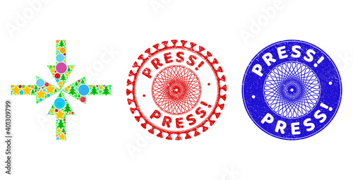 Compress arrows mosaic of New Year symbols, such as stars, fir-trees, multicolored round items, and PRESS! dirty stamp seals. Vector PRESS! stamp seals uses guilloche pattern,