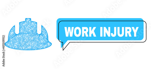 Chat Work Injury blue bubble frame and crossing mesh construction helmet. Frame and colored area are misplaced for Work Injury caption, which is located inside blue colored speech balloon.