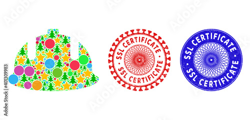 Construction helmet composition of New Year symbols, such as stars, fir trees, color balls, and SSL CERTIFICATE dirty stamps. Vector SSL CERTIFICATE watermarks uses guilloche ornament,