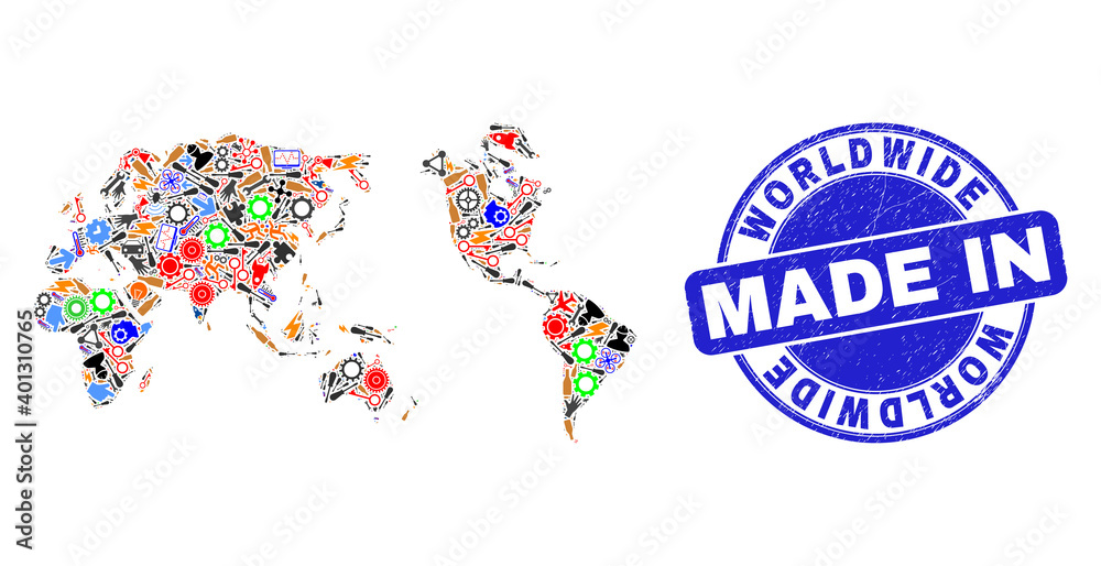 Production mosaic worldwide map and MADE IN distress stamp. Worldwide map composition composed with wrenches,cogs,instruments,,keys,airplanes,aircrafts,air planes,aviation symbols,cars,strikes,bugs.