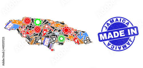 Production Jamaica map mosaic and MADE IN scratched rubber stamp. Jamaica map mosaic created from wrenches,wheel,instruments,elements,transports,electricity bolts,details.