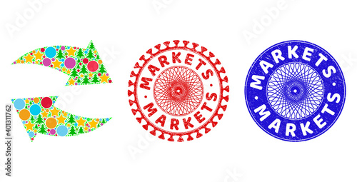 Exchange arrows composition of New Year symbols, such as stars, fir trees, multicolored round items, and MARKETS rough stamp seals. Vector MARKETS stamp seals uses guilloche ornament,