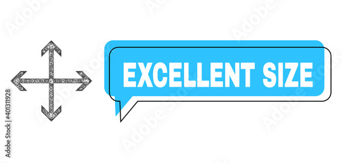 Chat Excellent Size blue cloud frame and net expand arrows. Frame and colored area are misplaced to Excellent Size label, which is located inside blue colored speech balloon.