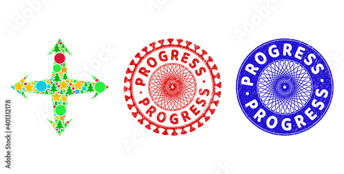 Expand composition of Christmas symbols, such as stars, fir-trees, multicolored round items, and PROGRESS textured seals. Vector PROGRESS stamps uses guilloche ornament,