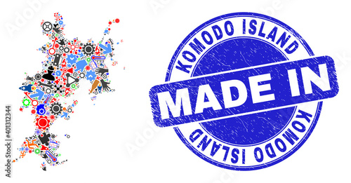 Development Komodo Island map mosaic and MADE IN scratched rubber stamp. Komodo Island map mosaic created with wrenches,wheel,instruments,elements,transports, electric strikes,rockets.
