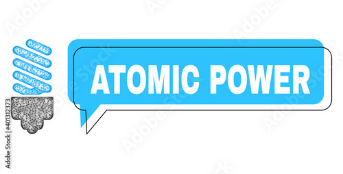 Speech Atomic Power blue bubble frame and crossing mesh fluorescent bulb. Frame and colored area are misplaced to Atomic Power text, which is located inside blue colored bubble.