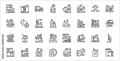 set of 32 petroleum thin outline icons such as oil, oil, barrel per day, oil, gas, fossil, exchange