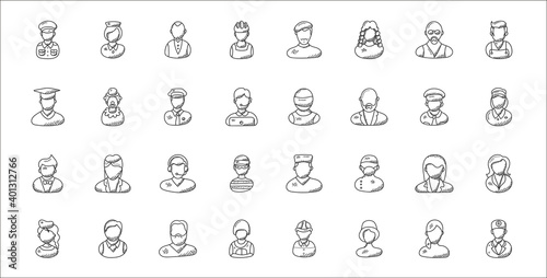 set of 32 professions thin outline icons such as doctor, actress, royal guard, air hostess, employee, phone operator, pilot, athlete, clown
