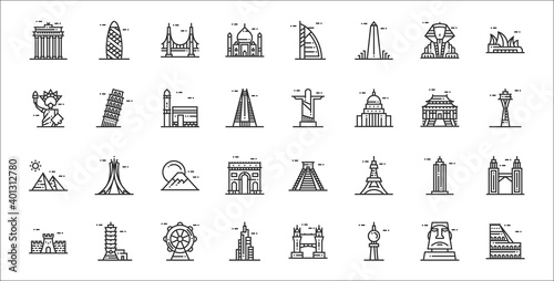 set of 32 world landmarks thin outline icons such as colosseum, fernsehturm berlin, burj khalifa, great wall of china, empire state building, mount fuji, space needle, christ the eemer, leaning