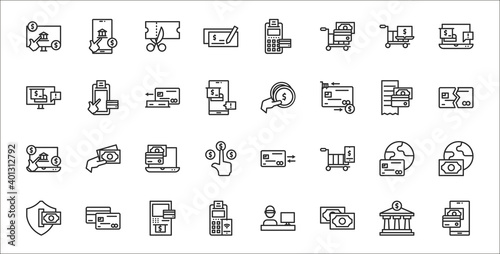 set of 32 payment and bank thin outline icons such as online payment, money, edc, secure payment, method, online card, coin, edc