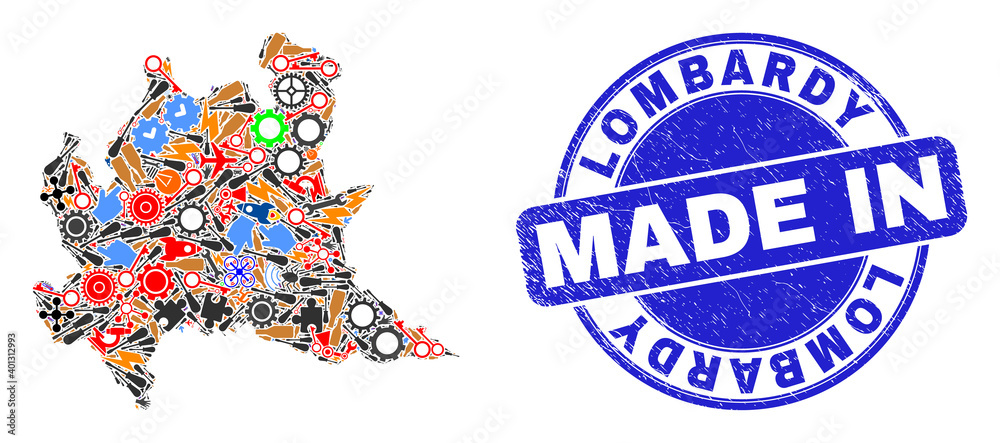 Development mosaic Lombardy region map and MADE IN grunge rubber stamp