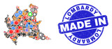Development mosaic Lombardy region map and MADE IN grunge rubber stamp. Lombardy region map collage designed with spanners, gearwheels,instruments,,keys,transports, electric bolts,details.