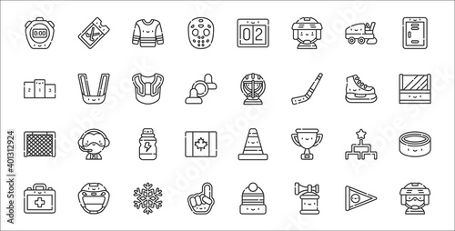 set of 32 hockey thin outline icons such as hockey player, air horn, hand, first aid kit, tournament, energy drink, bench, goalkeeper, mouth guard