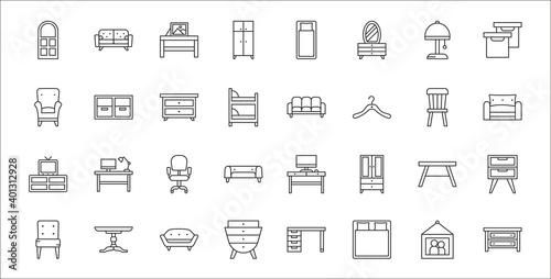 set of 32 furniture thin outline icons such as chest of drawers, double bed, chest of drawers, armchair, table, office chair, armchair, sofa, sideboard