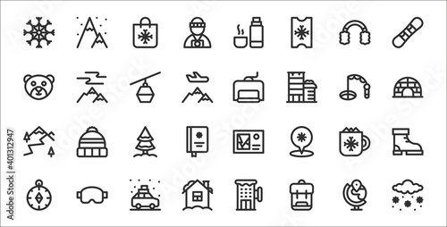 set of 32 winter travelling thin outline icons such as snow, backpack, house, compass, chocolate milk, tree, igloo, ski lift, aurora borealis