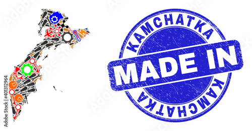 Industrial mosaic Kamchatka map and MADE IN scratched stamp. Kamchatka map mosaic formed with wrenches, gearwheels,screwdrivers,,keys,airplanes,aircrafts,air planes,aviation symbols,power sparks,
