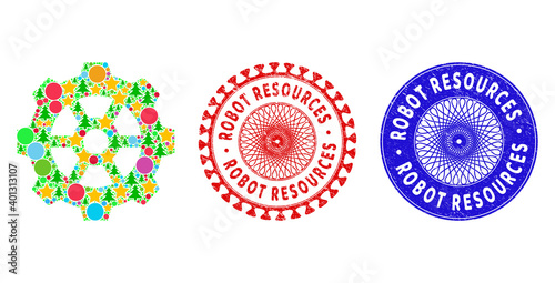 Gear composition of Christmas symbols, such as stars, fir-trees, colored circles, and ROBOT RESOURCES rubber seals. Vector ROBOT RESOURCES watermarks uses guilloche pattern,