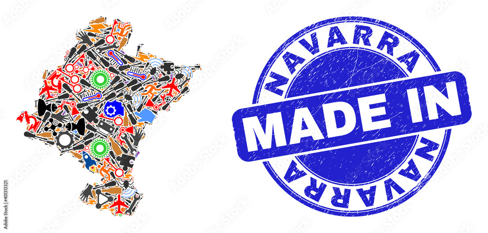 Service Navarra Province map mosaic and MADE IN distress rubber stamp. Navarra Province map collage designed from spanners,wheel,screwdrivers,items,vehicles, electric sparks,bugs. Service Navarra Province map mosaic and MADE IN distress rubber stamp. Navarra Province map collage designed from spanners,wheel,screwdrivers,items,vehicles, electric sparks,bugs.