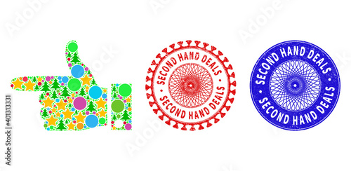 Hand pointer left composition of Christmas symbols, such as stars, fir trees, colored round items, and SECOND HAND DEALS unclean seals. Vector SECOND HAND DEALS stamps uses guilloche ornament,