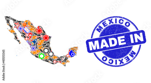 Development mosaic Mexico map and MADE IN distress rubber stamp. Mexico map mosaic designed with spanners,wheel, tools,items,transports,power sparks,rockets.