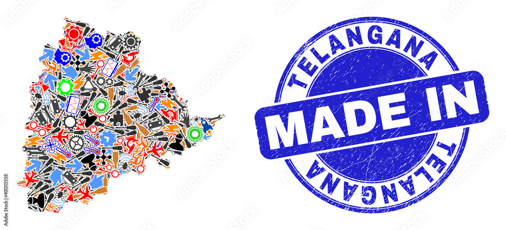 Development mosaic Telangana State map and MADE IN distress seal. Telangana State map collage formed with spanners,wheels, tools,items,transports,electricity sparks,rockets. Development mosaic Telangana State map and MADE IN distress seal. Telangana State map collage formed with spanners,wheels, tools,items,transports,electricity sparks,rockets.