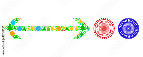 Horizontal flip mosaic of Christmas symbols, such as stars, fir trees, colored circles, and CHRISTMAS SHIPMENT rough stamp seals. Vector CHRISTMAS SHIPMENT watermarks uses guilloche pattern,