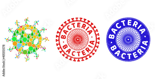 Human virus collage of Christmas symbols, such as stars, fir trees, multicolored round items, and BACTERIA unclean stamp seals. Vector BACTERIA stamps uses guilloche pattern,