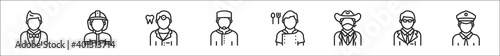 set of 8 profession avatar thin outline icons such as showman, firefighter, dentist, moslem, chef, cowboy, manager, policeman