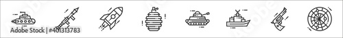 set of 8 military thin outline icons such as submarine, rpg, rocket, grenade, tank, battleship, pistol, radar