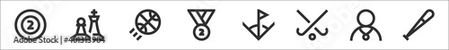 set of 8 sports thin outline icons such as billiard ball, chess, basketball, second place, corner, field hockey, athlete, baseball bat