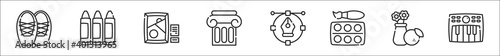 set of 8 fine arts thin outline icons such as ballet shoes, markers, museum, column, , watercolor, still life, piano