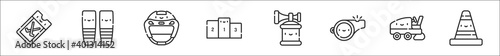 set of 8 hockey thin outline icons such as ticket, socks, hockey helmet, podium, air horn, whistle, ice resurfacer, cone