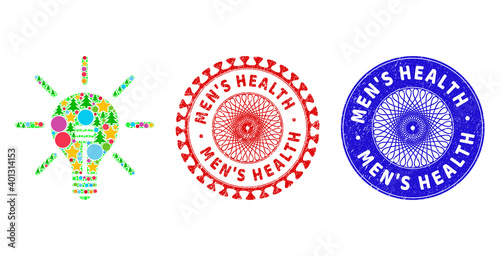 Light bulb collage of Christmas symbols, such as stars, fir-trees, color spheres, and MEN'S HEALTH scratched seals. Vector MEN'S HEALTH imprints uses guilloche ornament,