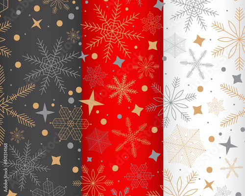 Snowflakes Seamless Pattern Grey Red White Gold