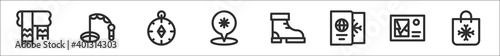 set of 8 winter travelling thin outline icons such as scarf, fishing, compass, map marker, boots, passport, postcard, bag