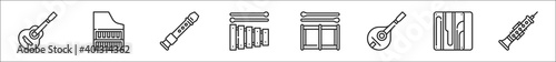 set of 8 music instruments thin outline icons such as spanish guitar, harpsichord, flute, xylophone, drum, mandolin, cajon, oboe
