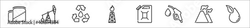 set of 8 oil and petroleum industry thin outline icons such as oil tank, oil drill, recycle, petrol pump, gallon, petrol, refinery, biological