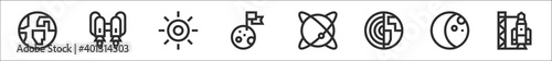set of 8 space thin outline icons such as earth, jetpack, sun, moon landing, planet, earth, moon, rocket