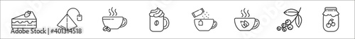 set of 8 tea and coffee thin outline icons such as cake, tea bag, coffee cup, coffee cup, tea cup, beans, jam