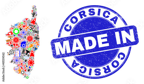 Development Corsica map mosaic and MADE IN distress seal. Corsica map mosaic designed from wrenches,wheels,screwdrivers,,keys,airplanes,aircrafts,air planes,aviation symbols,power strikes,details.