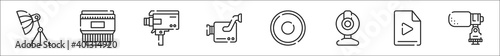 set of 8 video camera thin outline icons such as umbrella, objective, super, video camera, rec button, web cam, video file, microphone
