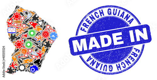 Service mosaic French Guiana map and MADE IN distress stamp. French Guiana map mosaic formed with spanners,cogs,screwdrivers,items,transports, electric bolts,details.