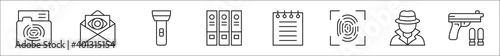 set of 8 detective thin outline icons such as folder, envelope, flashlight, folder, notepad, fingerprint identification, detective, guns