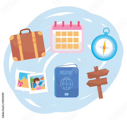 passport and travel related icons around, colorful design