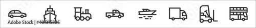 set of 8 vehicles and transport thin outline icons such as car, cruise, train, pickup truck, boat, truck, forklift, double decker bus