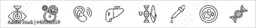 set of 8 bioengineering thin outline icons such as laser surgery, mechanical, hearing, artificial, gmo food, dropper, biology, dna