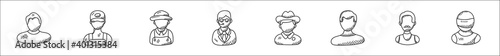 set of 8 professions thin outline icons such as employer, delivery boy, farmer, phone operator, spy, accountant, sportsman, athlete