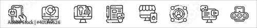set of 8 digital marketing lineart thin outline icons such as mobile shopping, analytics, keyword, blogging, online shop, target audience, web, feedback